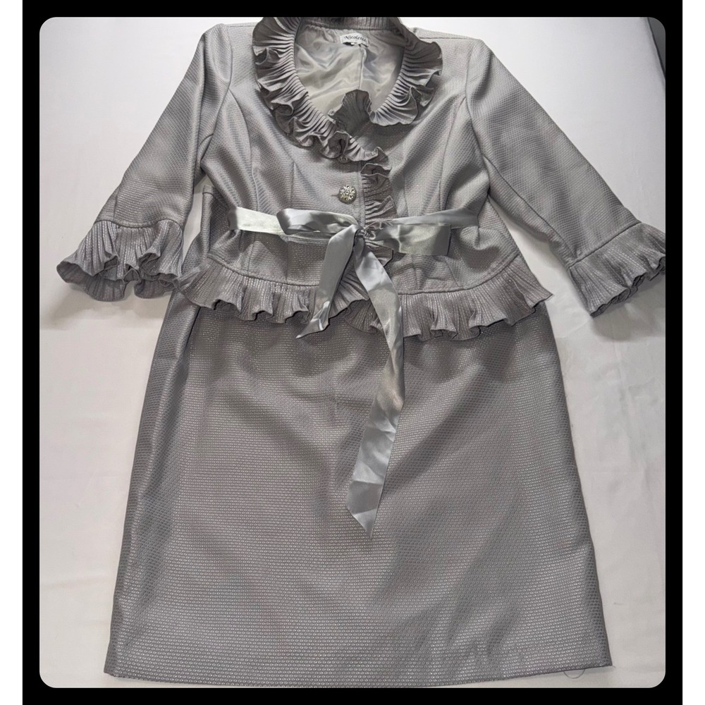 Nicolette Skirt Suit Womens 12 Silver Ruffle Peplum Satin Bow Evening